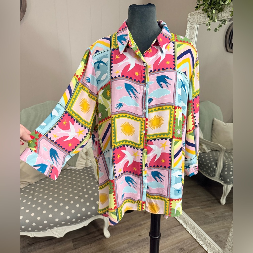 Rose + Olive Patchwork Style Button Down Shirt - image 1